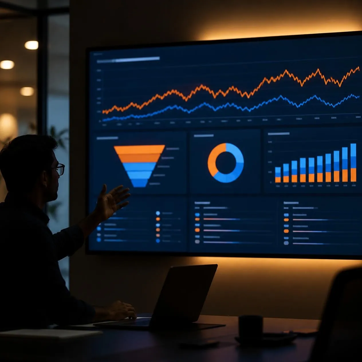 Analyst presenting an analytics dashboard with funnel and trend charts