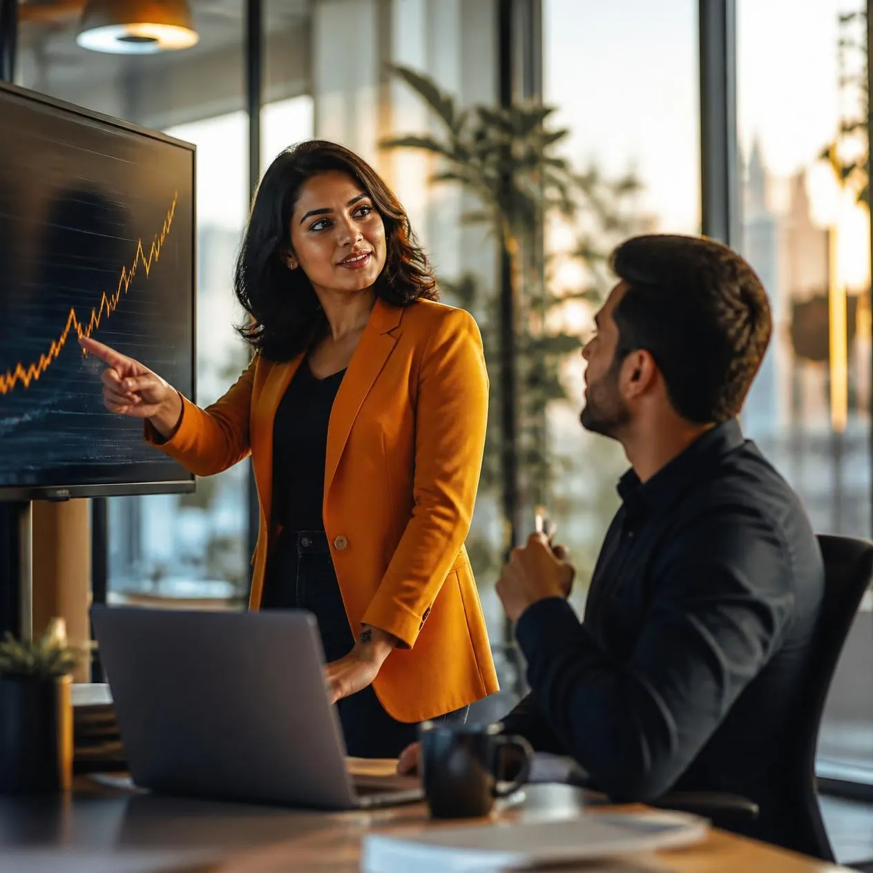 Consultant walking a client through a growth chart