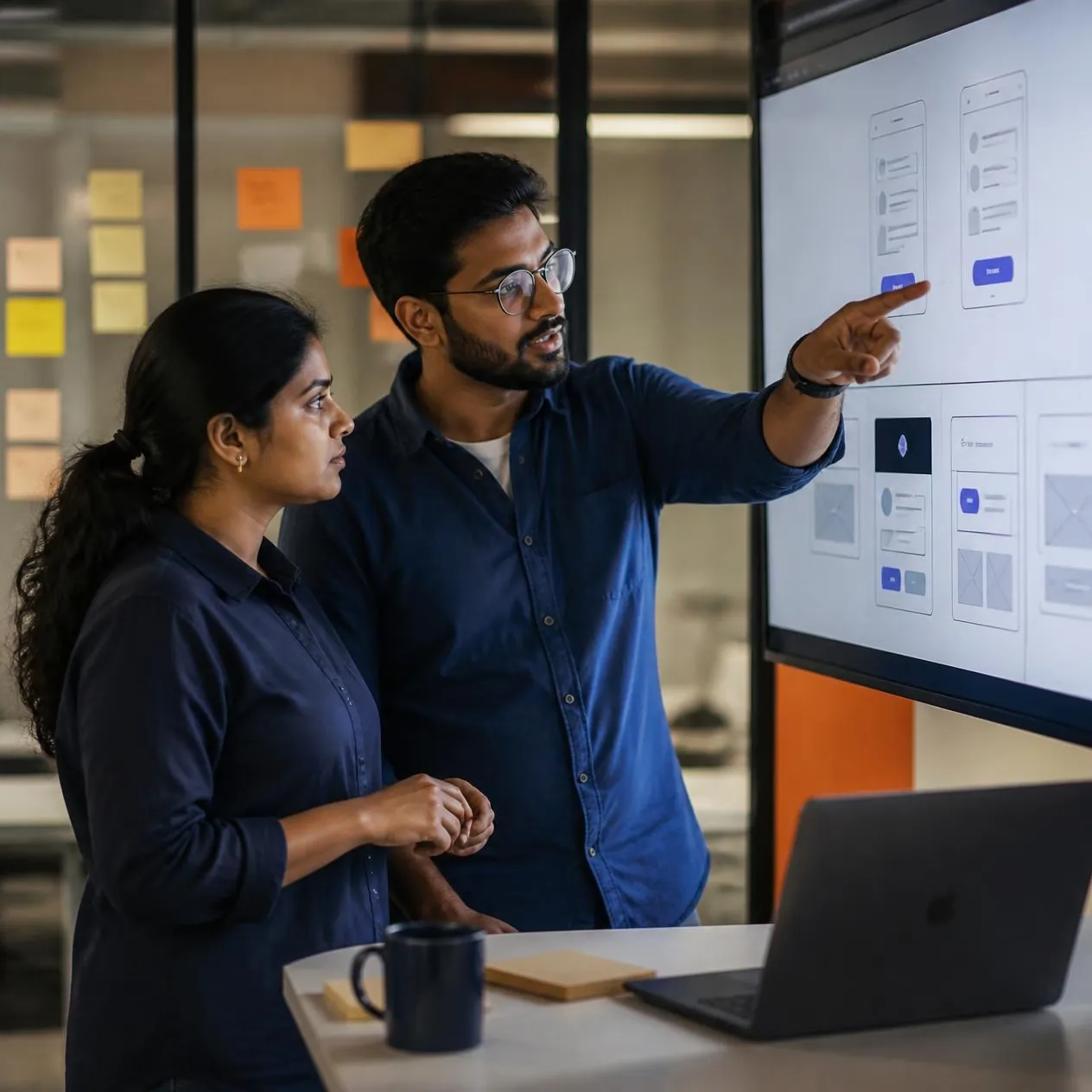 Two strategists reviewing landing page test variants on a large screen