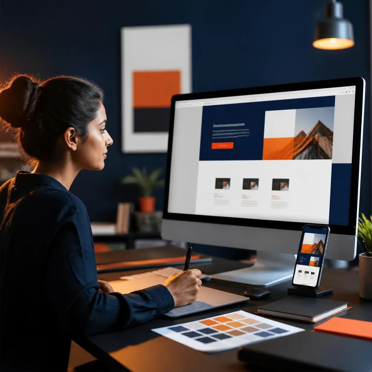 Web designer working on a website layout with colour swatches